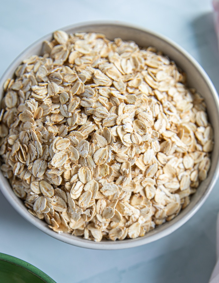 bowl of regular oats for the oatmeal cookie recipe