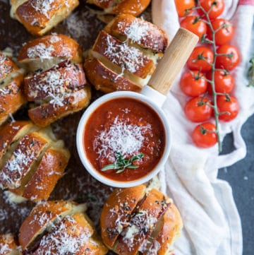 close up on of the pizza sauce which is perfect for serving the air fryer pizza rolls