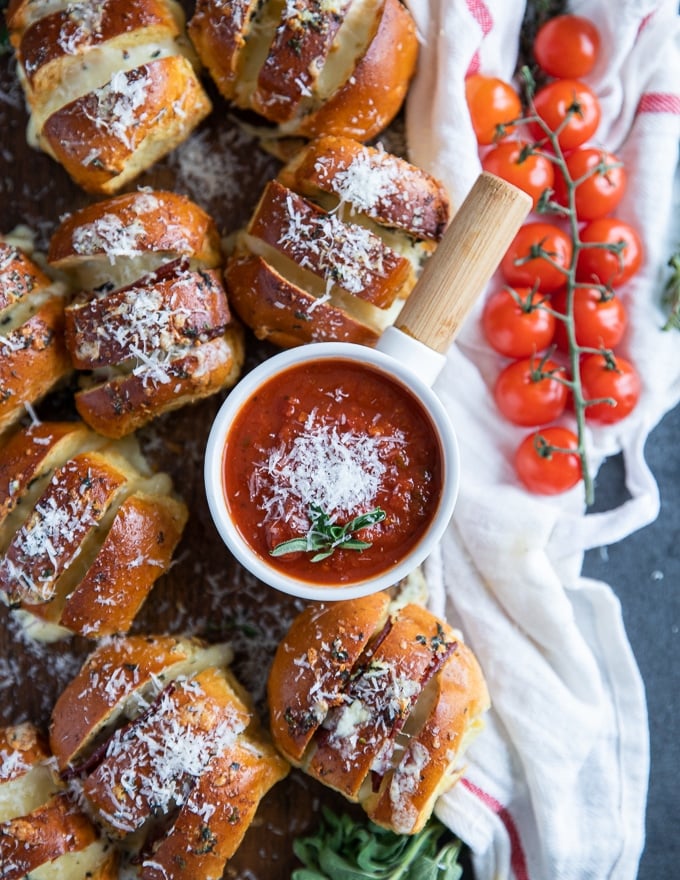 close up on of the pizza sauce which is perfect for serving the air fryer pizza rolls 