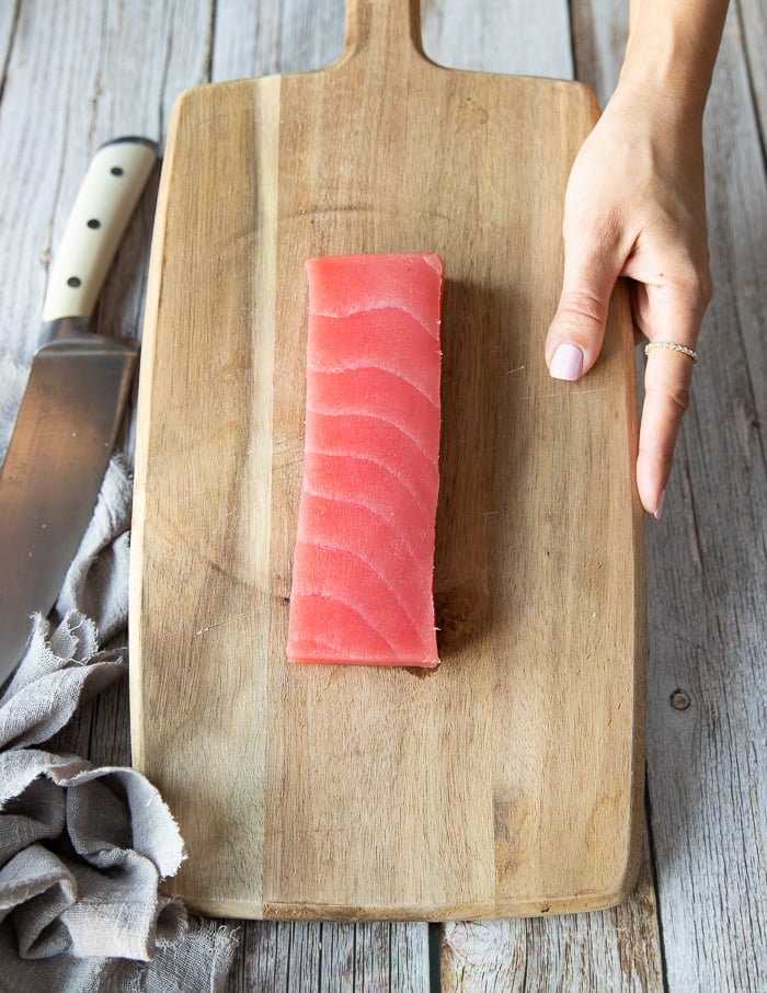 fresh tuna on a cooking board