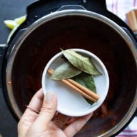 A hand holding whole spices in a plate such as cloves, cinamon and bay leaves to flavor the stew