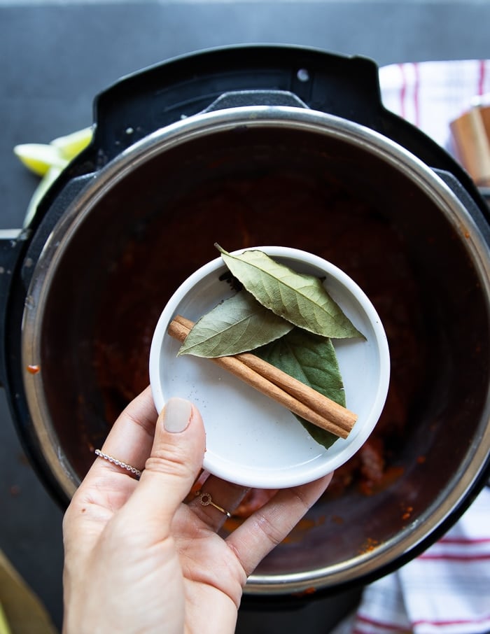 A hand holding whole spices in a plate such as cloves, cinamon and bay leaves to flavor the stew