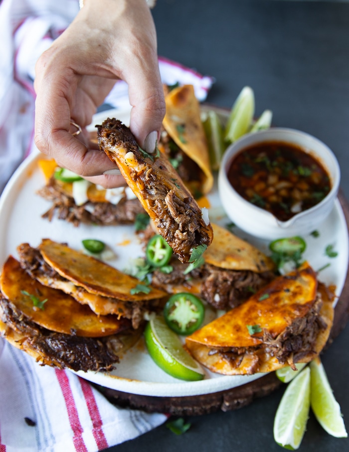 A hand holding a birria taco over a plate of tacos and showing the texture of the meat and cheese and details of the tacos
