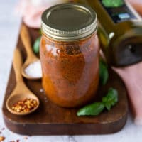 jar of homemade easy sun-dried tomato pesto sauce.