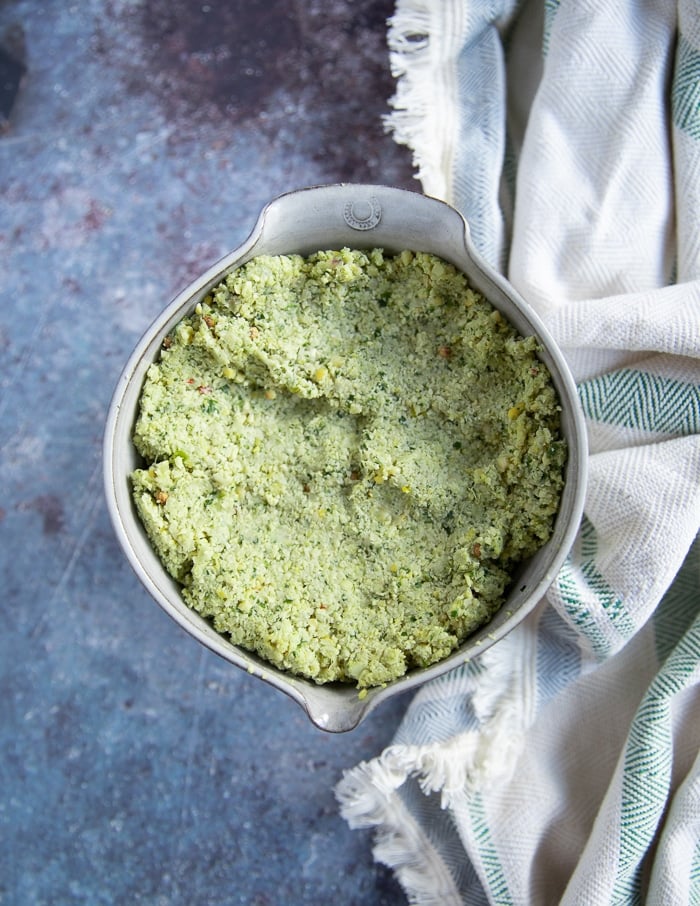 a bowl of homemade falafel mix ready to make falafel