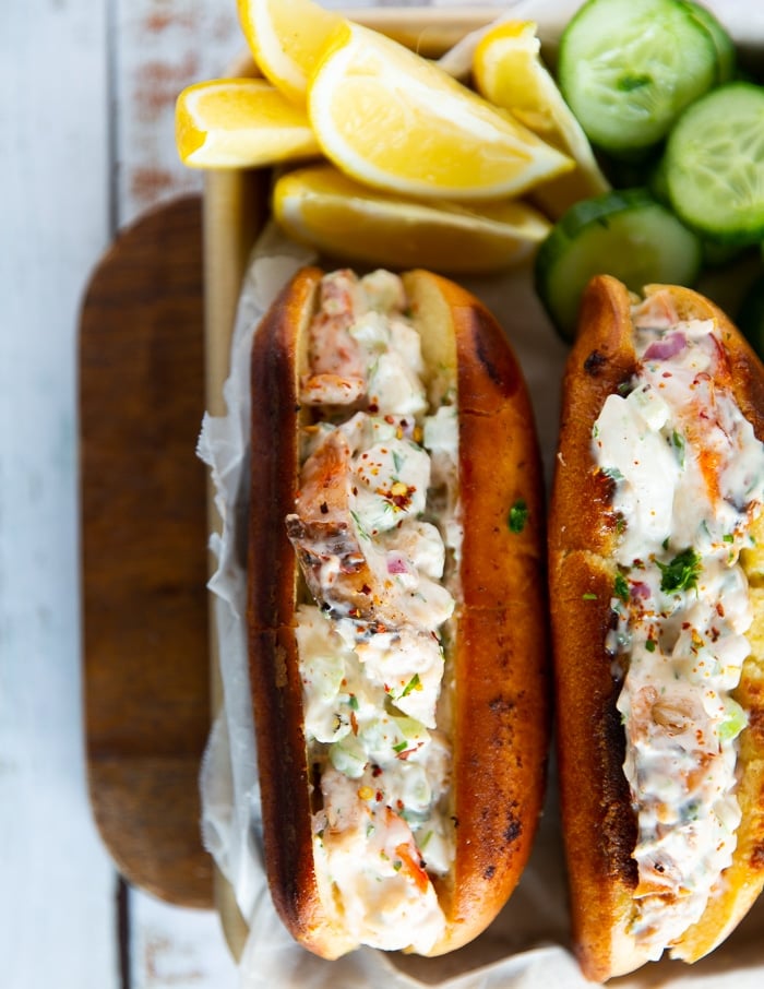 lobster roll filling stuffed in the toasted New England bun to make lobster roll