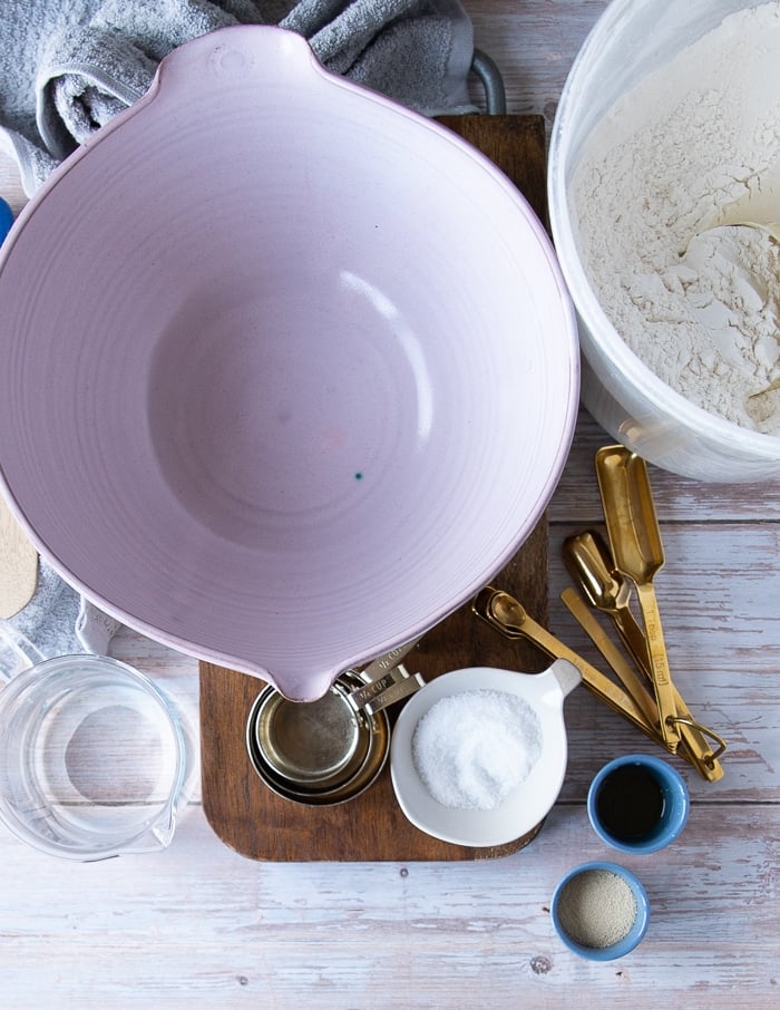 Ingredients for No-Knead Pizza Dough: Oil, water, salt, flour and honey.