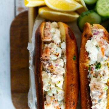 lobster roll filling stuffed in the toasted New England bun to make lobster roll