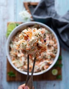 two spoons holding and serving some fish taco slaw showing the texture and coleslaw mixed in
