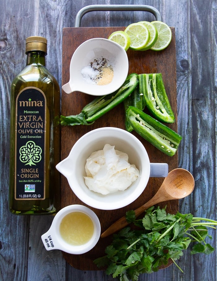 Ingredients for poblano sauce to drizzle over the mahi mahi tacos