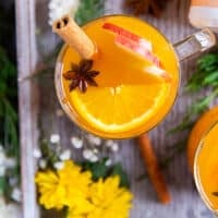 a clos eup of one cup of homemade apple cider garnished with cinnamon sticks, anise flower, orange slices and apple slices