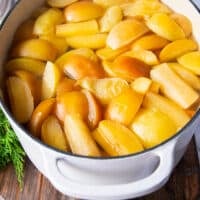 Apples cooked and softened in the large 7 quart pot after 2 hours of simmering