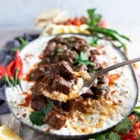 A spoon scooping some lamb stew from the plate and scooping some yogurt and eggplant with it