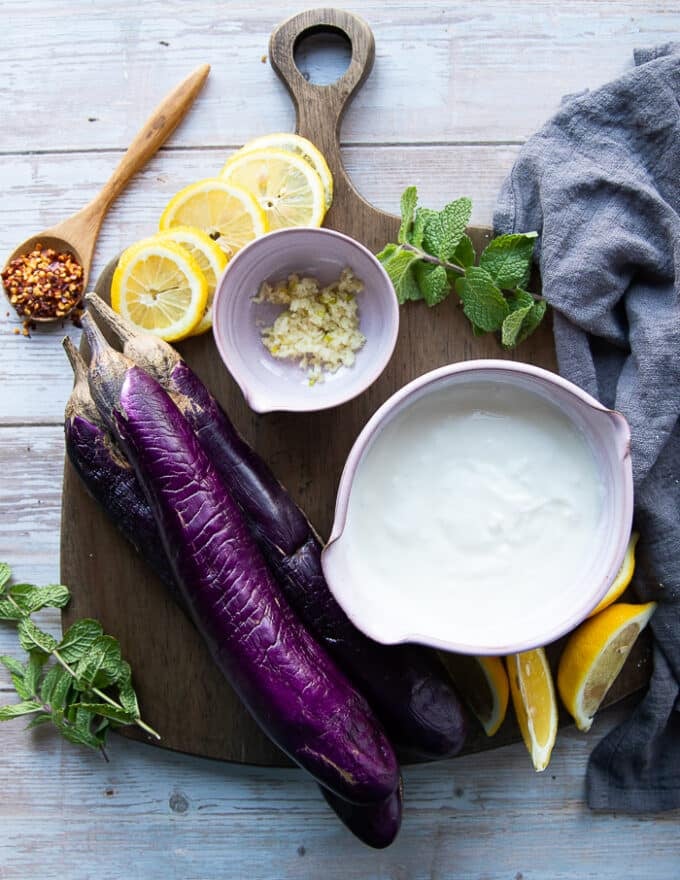 The yogurt blend with eggplant which is yopurt, garlic, eggplants and lemon juice