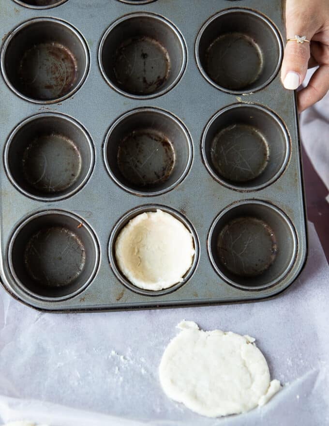 A hand placing one pie dough round a the bottom of a buttered standard size muffin pan