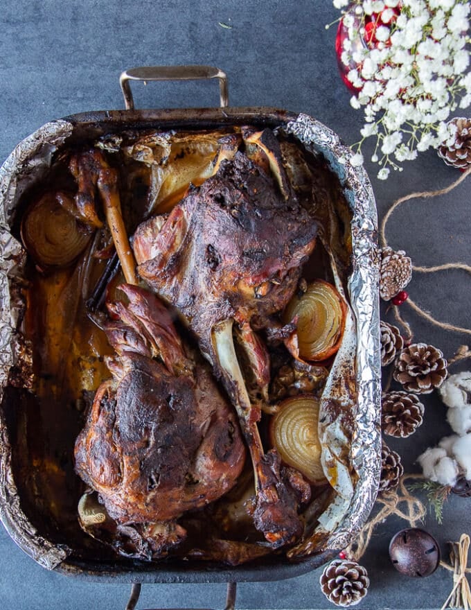 Perfectly roasted leg of lamb out of the oven, tender leg of lamb recipe