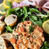 close up pf the salmon tartare recipe showing the detailed texture of the salmon and marinade