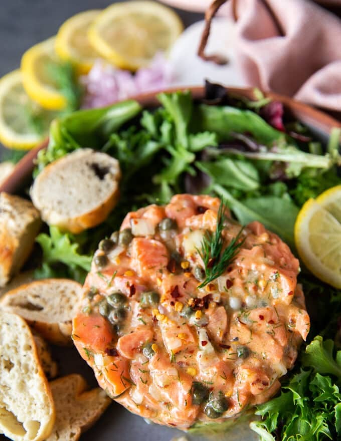 close up pf the salmon tartare recipe showing the detailed texture of the salmon and marinade