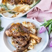 braised lamb shanks in a small plate with some mashed potatoes and broken up by a fork to show close up of how tender and soft the lamb is