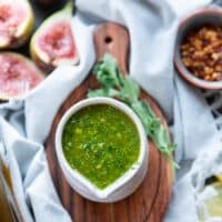 Chermoula sauce in a serving bowl right after the food processor and ready to serve