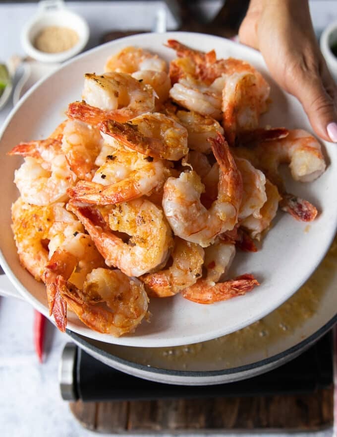 All the shrimp is seared and removed from the pan now to make the chili lime sauce