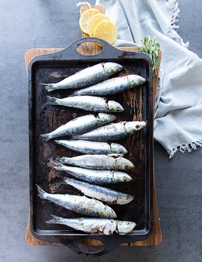 A plate full of fresh sardines showing the fish
