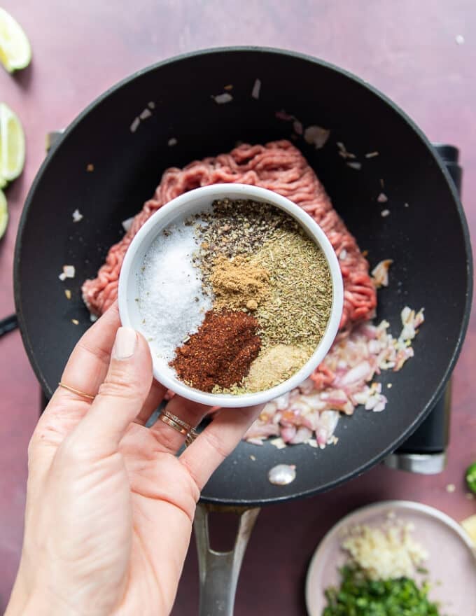 A hand holding taco seasoning including garlic powder, chilli powder, cumin, oregano, onion powder, garlic powder