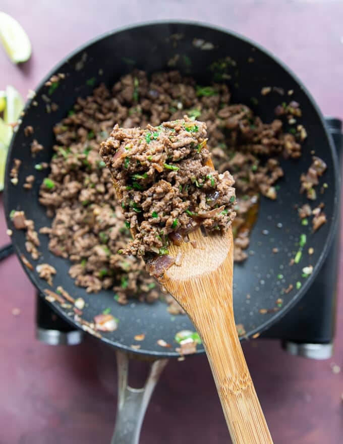 Lamb taco meat cooked in the pan and ready