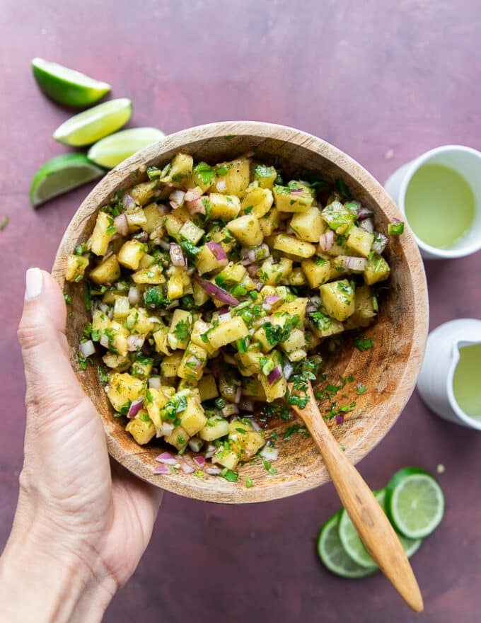 Pineapple salsa in a bowl ready and mixed