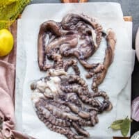 Fresh small-medium size octopus on parchment paper