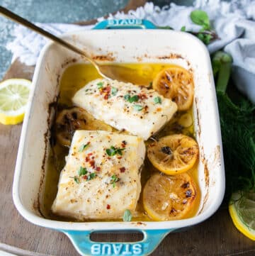 Halibut fillets in a baking dish cooked perfectly succulent halibut recipe