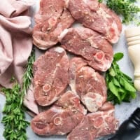 seasoned lamb steaks on both sides with a simple salt, pepper, onion flakes and olive oil