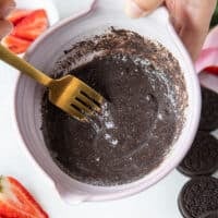 smooth blended oreo mug cake in a bowl