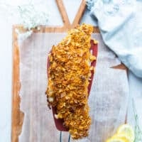 baked Haddock out of the oven close up showing how crunchy golden the texture is