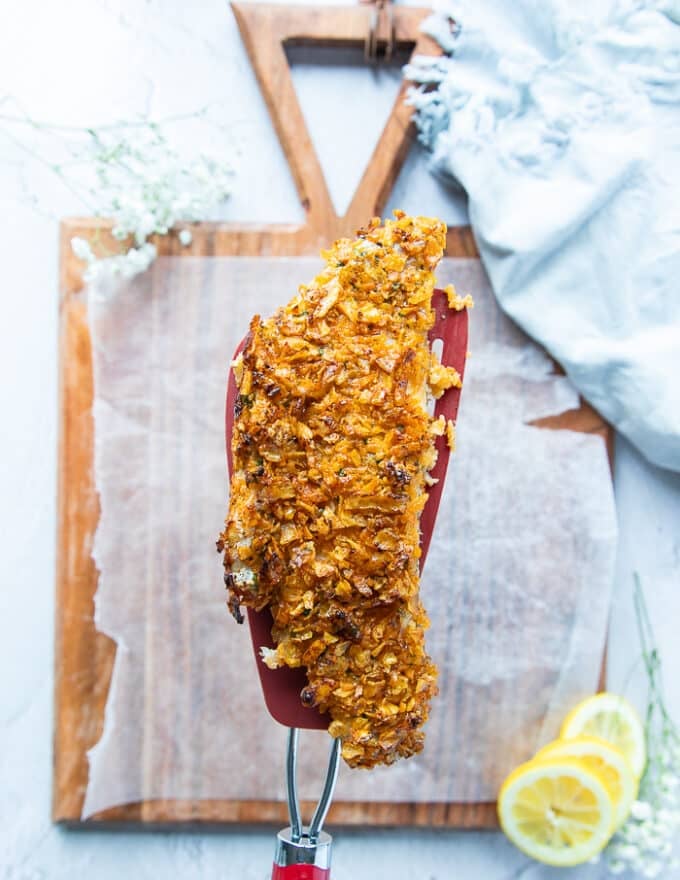 baked Haddock out of the oven close up showing how crunchy golden the texture is 