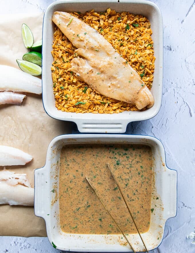 The haddock is then placed in to the crunchy coating bowl 