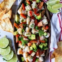 Final plate of shrimp ceviche with all ingredients ready and some chips around it for serving