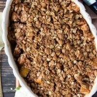 Apple crisp out of the oven golden and bubbly.
