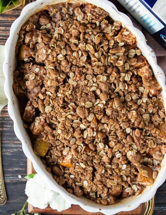 Apple crisp out of the oven golden and bubbly. 