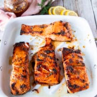 Honey Glazed salmon right out of the oven, golden and charred slightly