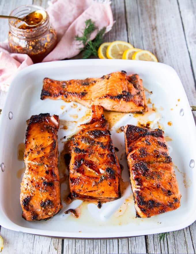 Honey Glazed salmon right out of the oven, golden and charred slightly 