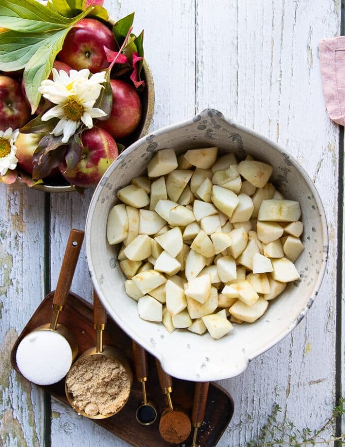 A bowl with the diced apples