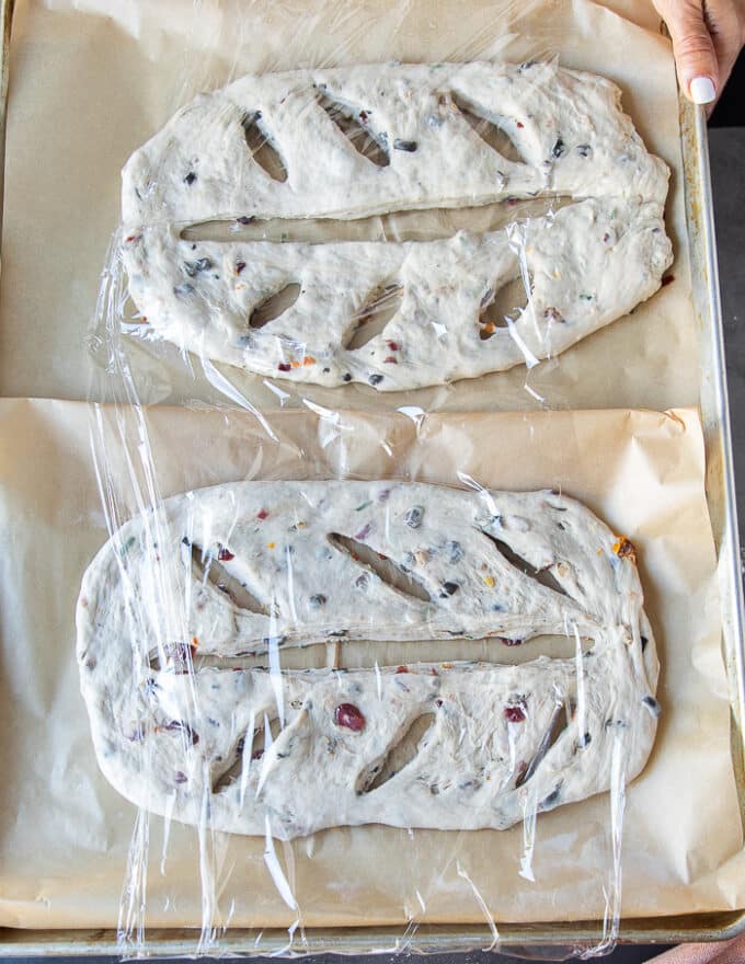 The two fougasse breads on a baking sheet covered with plastic wrap and ready for the second rise before baking 