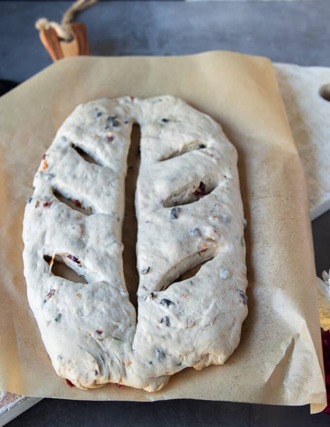 One loaf of fougasse bread right before baking