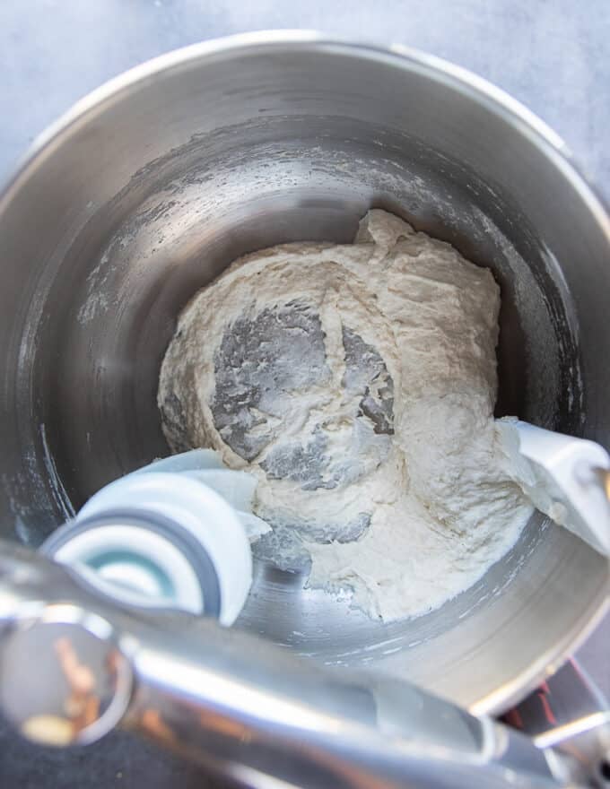 The starter being mixed in a bowl of the kitchen machine