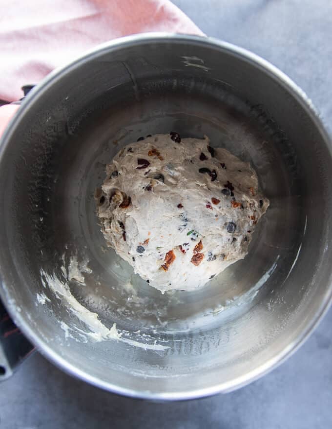 Next day dough ingredients added to the kitchen machine to for, the fougasse dough