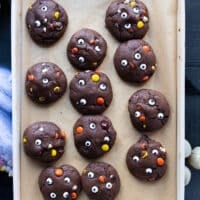 Baked Halloween cookies on a baking sheet right out of the oven!