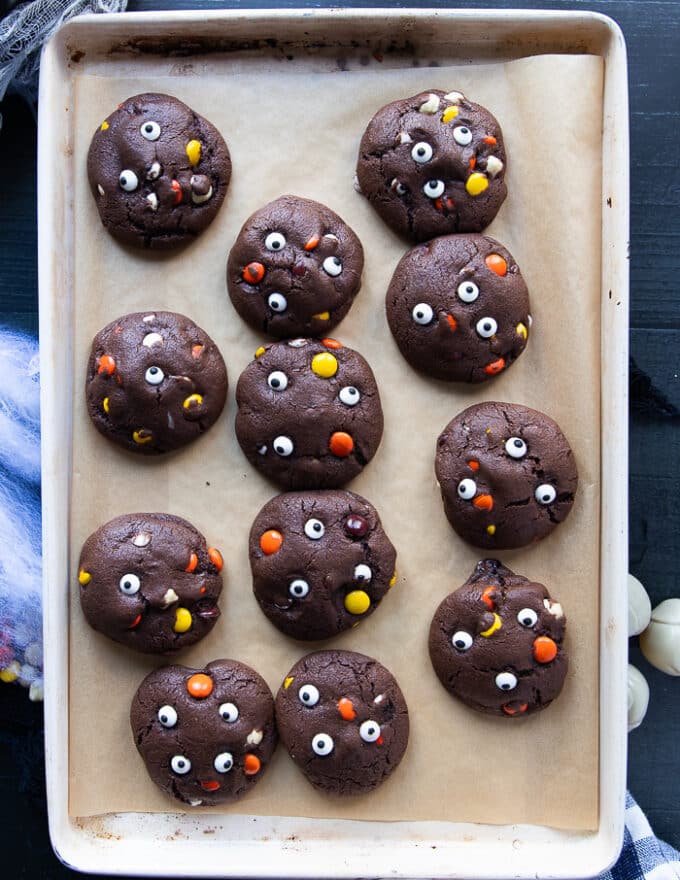 Baked Halloween cookies on a baking sheet right out of the oven!