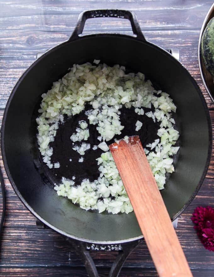 onion diced and cooked in butter in a large pot.