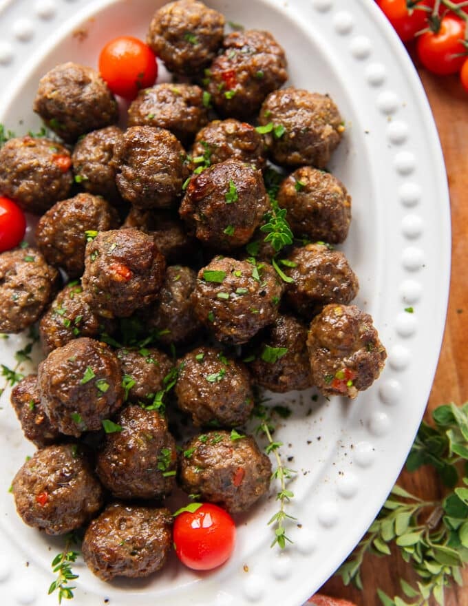 close up of a plate of air fryer meatballs recipe showing how perfectly cooked they are